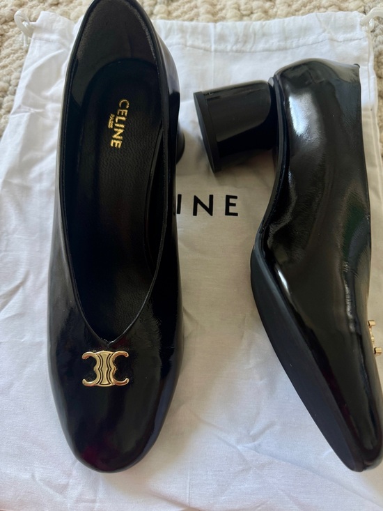Celine Shoes - Celine Black Patent Leather Pumps with Gold Double C Logo